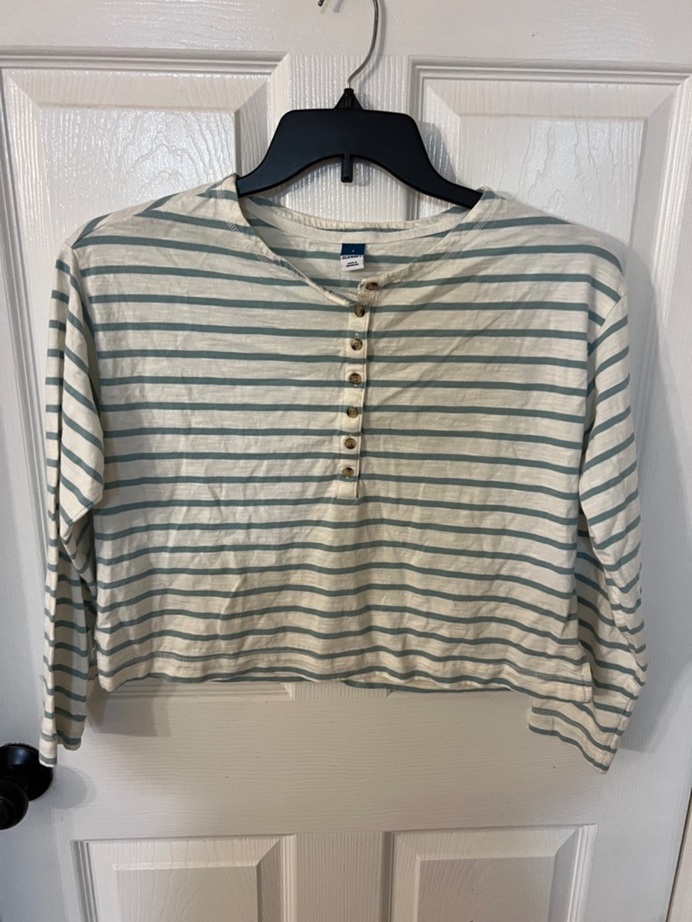 Old Navy Cream & Sage Striped Henley Top